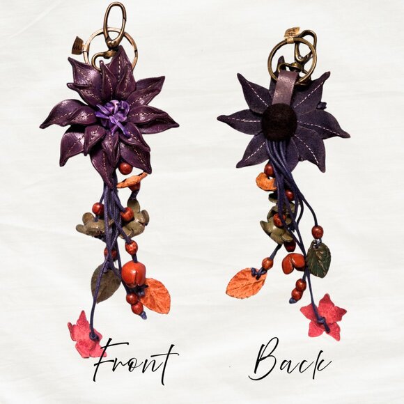 Handmade Leather Floral Bag Charm | Purple Flower & Beaded Keychain - Picture 1 of 1